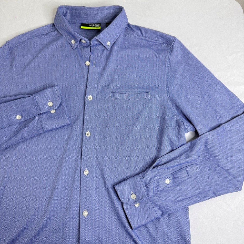 Murano Performance Slim Fit Blue Herringbone Button Down Shirt Mens Large L